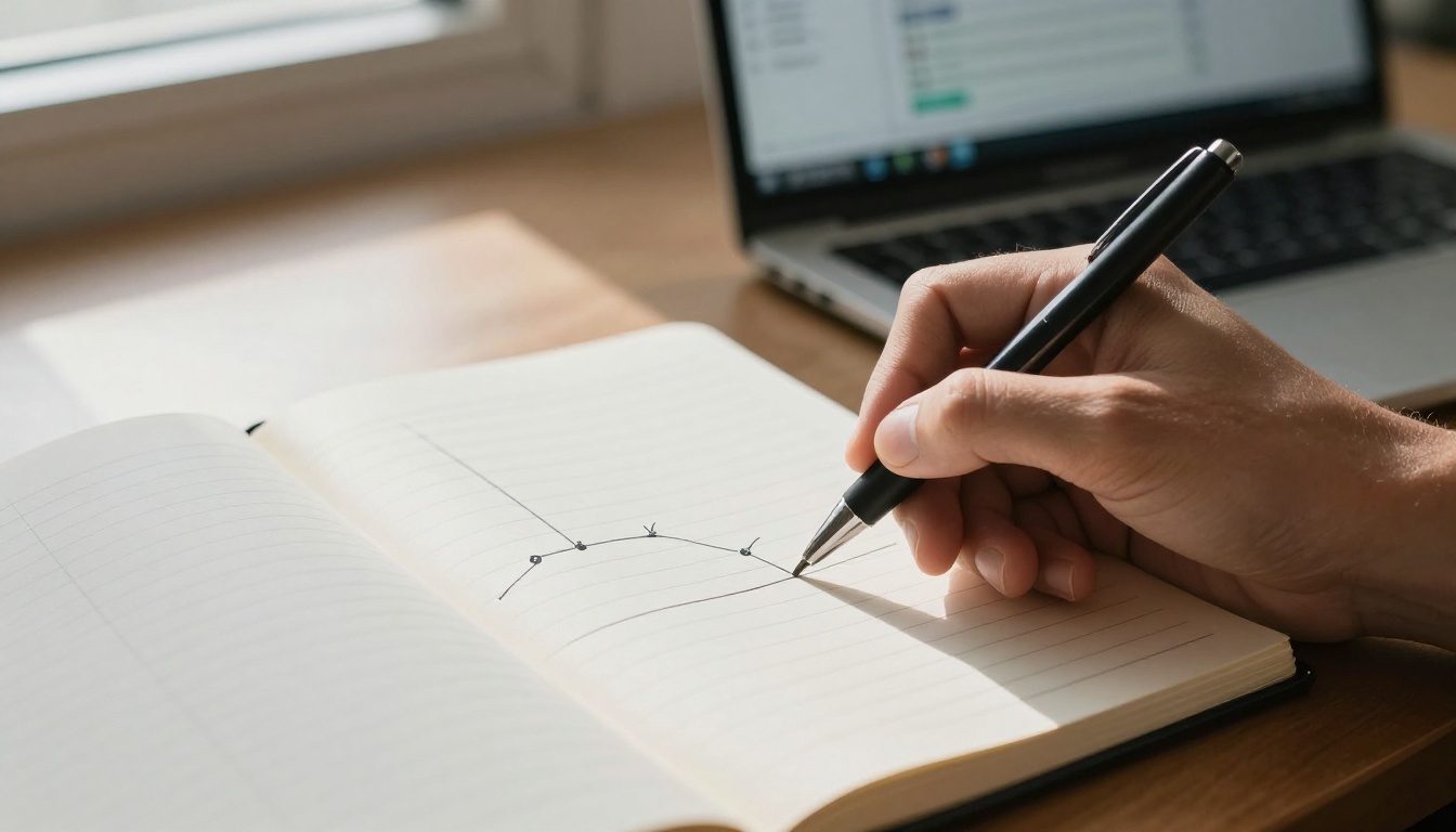 Hand drawing a project timeline in a notebook beside a laptop