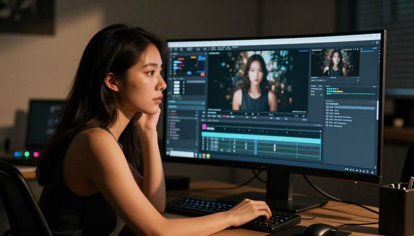 Filmmaker's hands typing on a laptop with AI video generation interface on screen