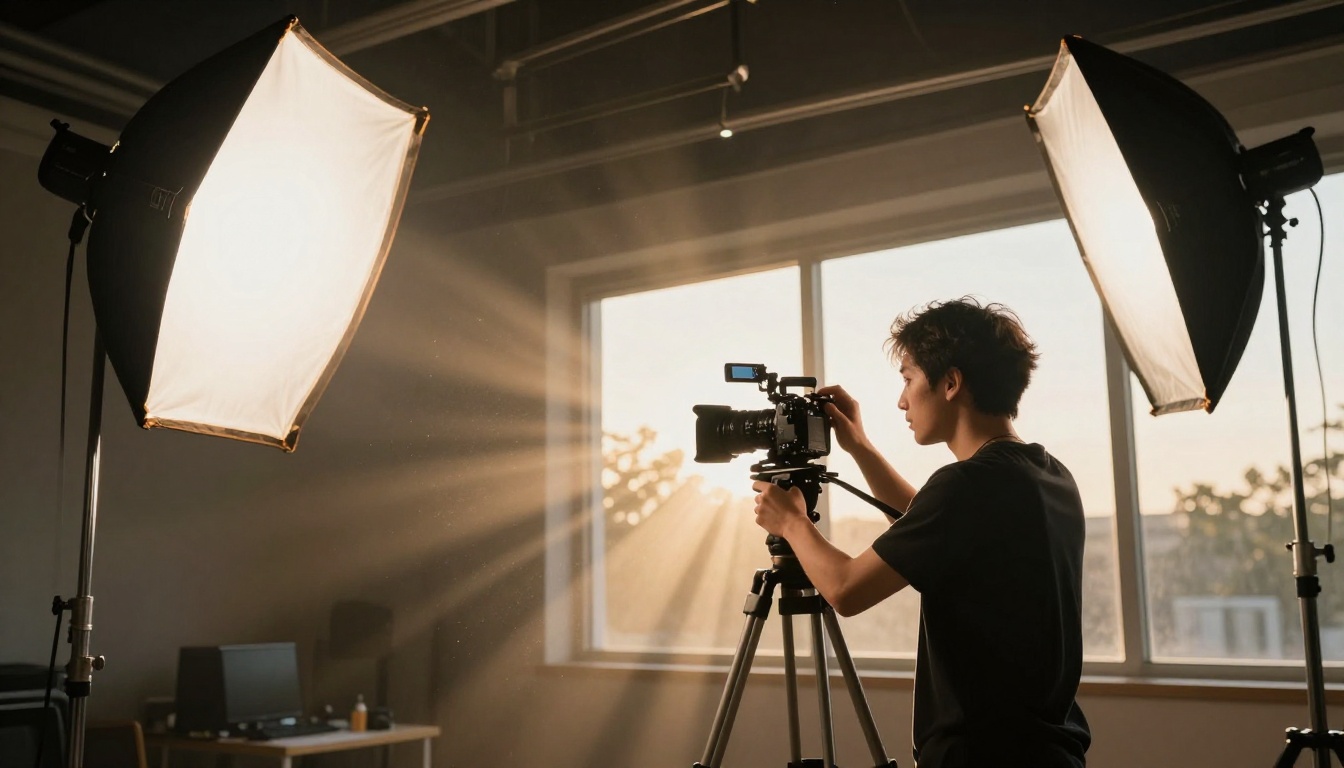 Video editor reviewing cinematic AI storyboard panels in a professional studio