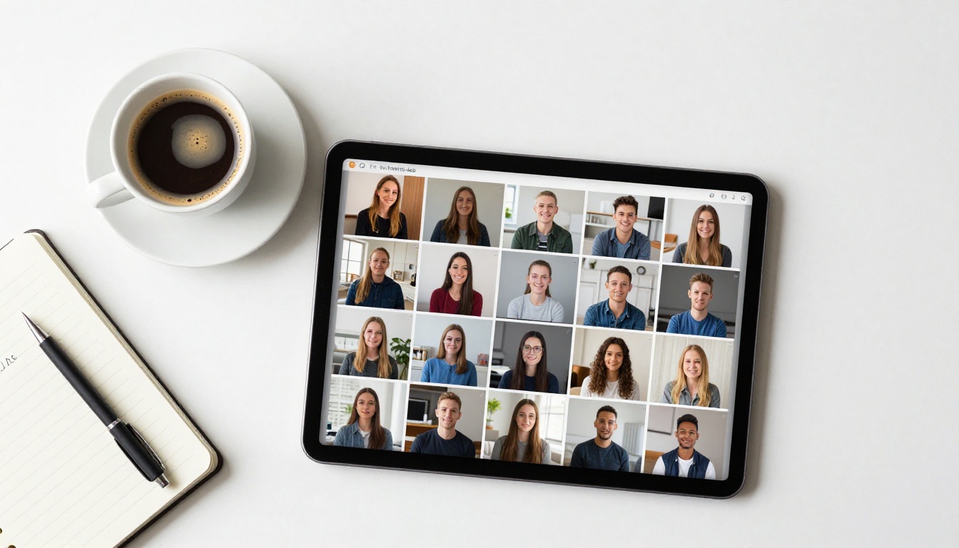 Overhead workspace showing tablet with AI video frames, espresso, and notebook