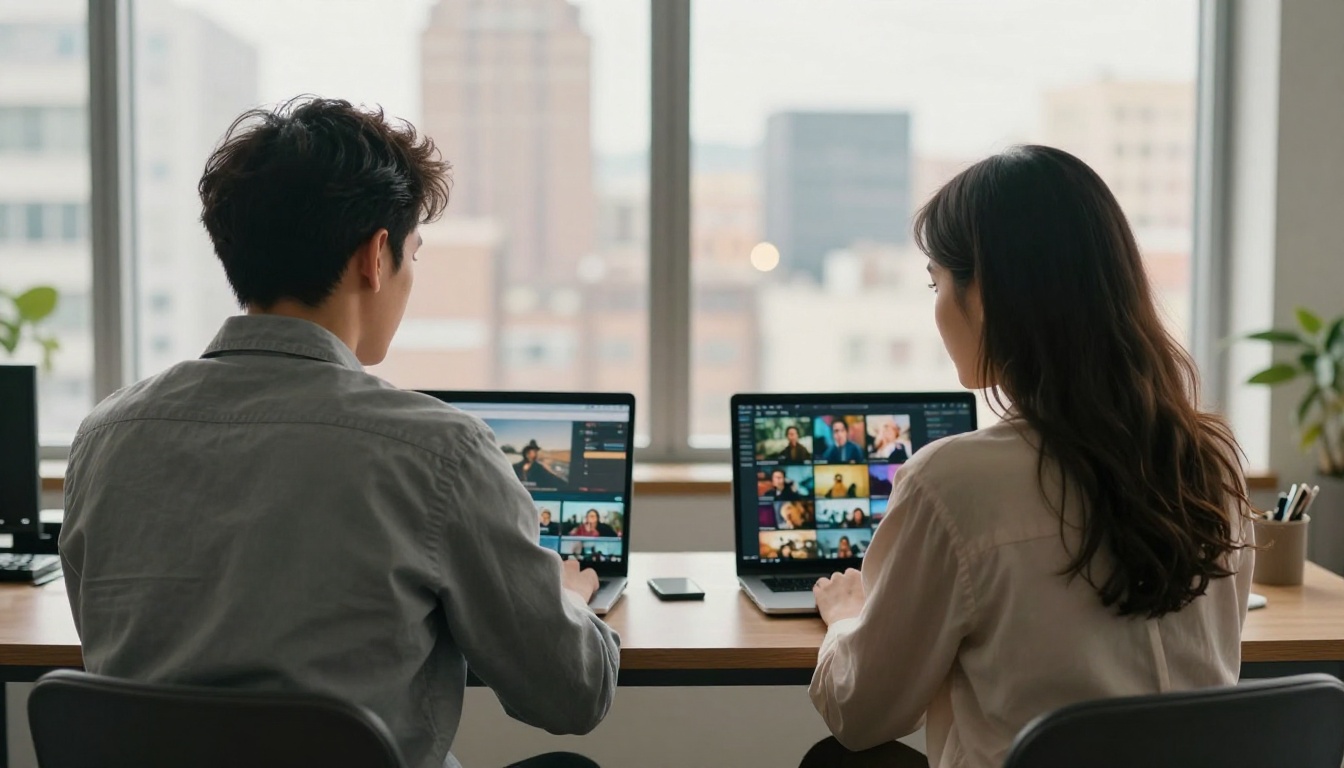 Two colleagues reviewing AI video on separate laptops in a bright editorial office