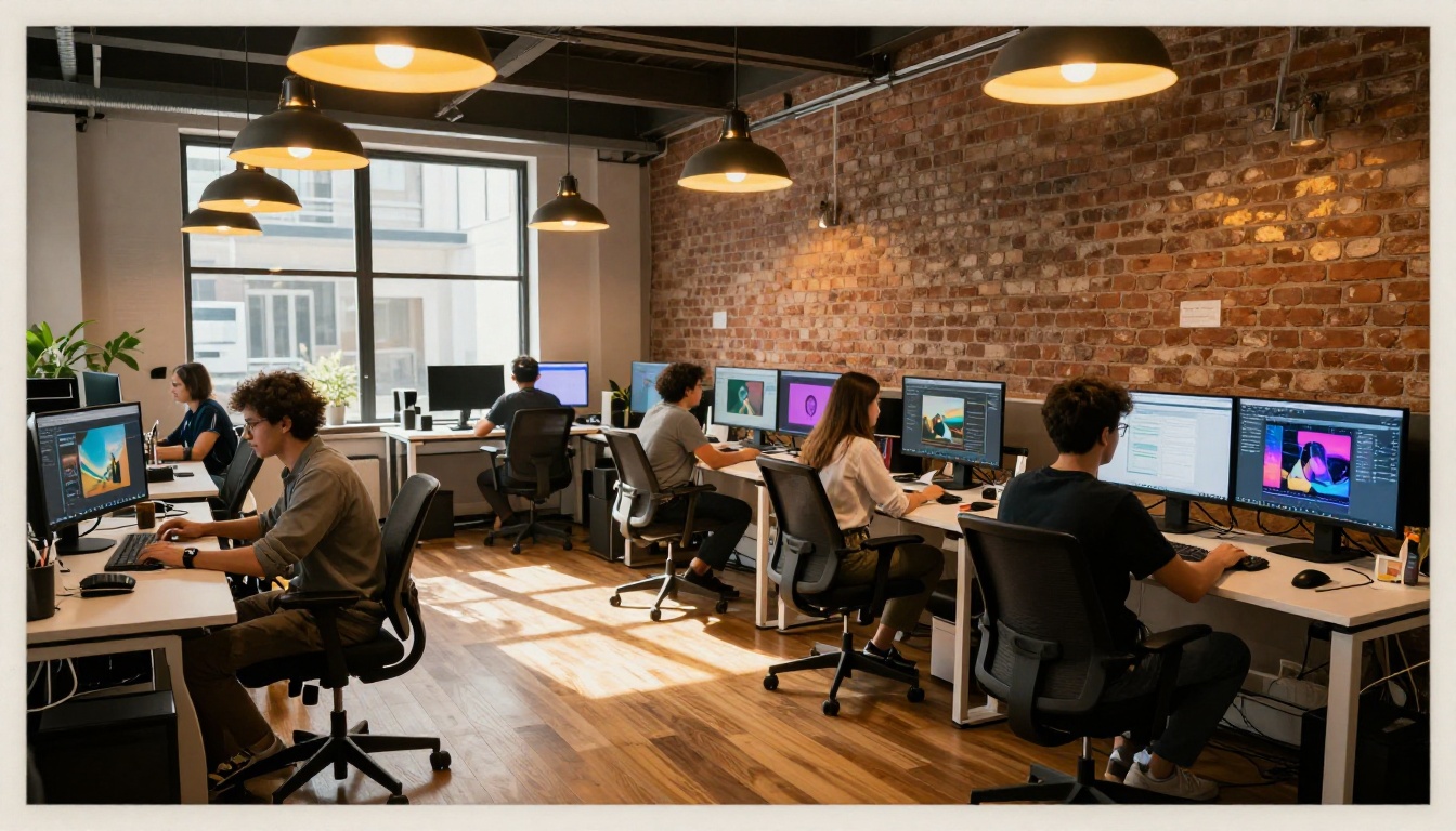 Wide shot of creative agency professionals working at standing desks on AI video projects