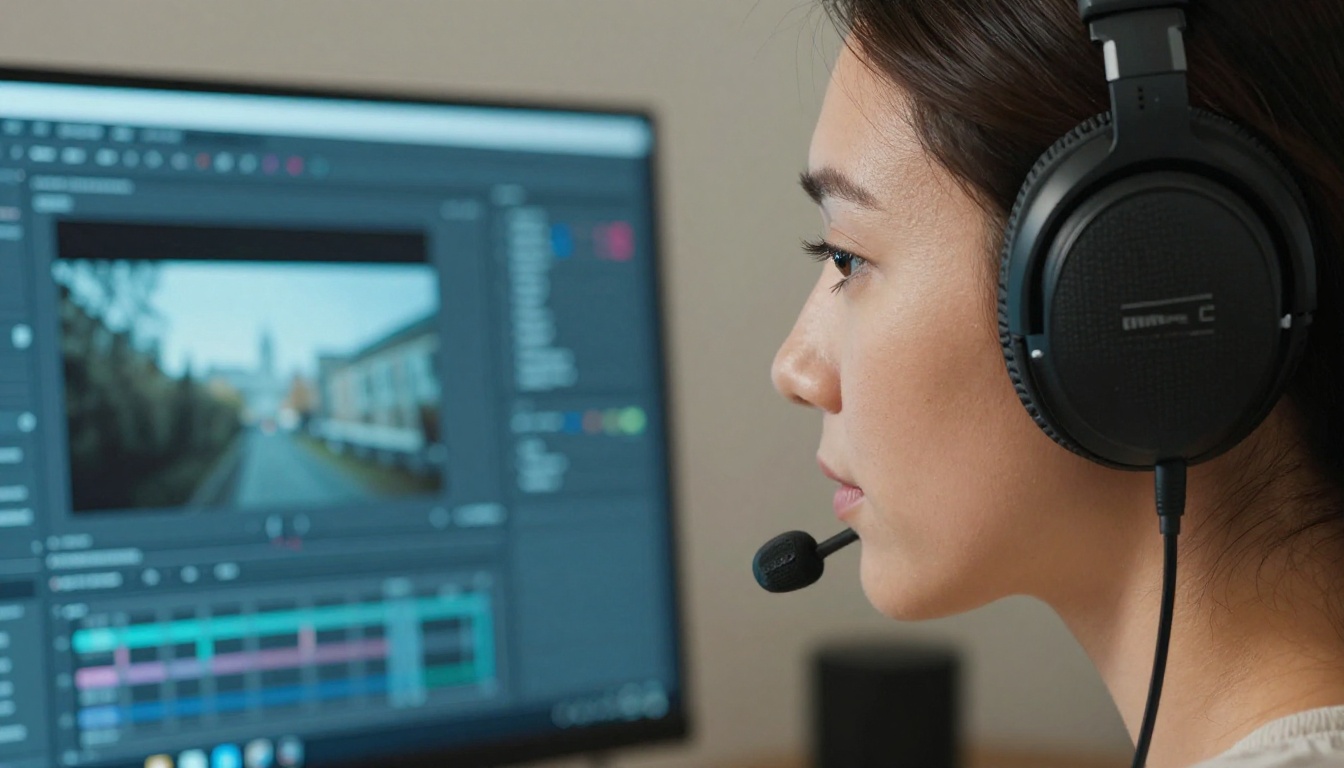 Female content creator wearing headphones, focused on AI video color grading tools