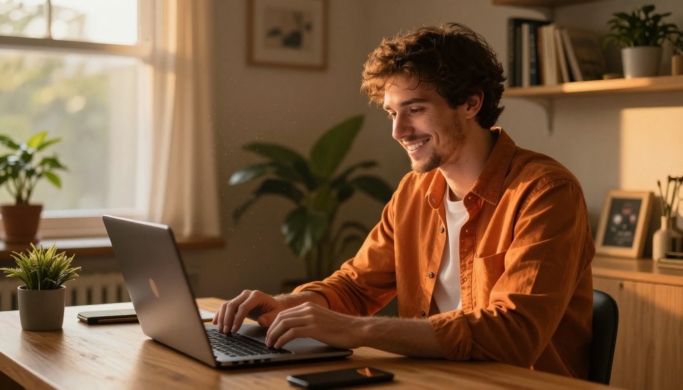 Male video creator smiling at successful AI video generation result at a home studio