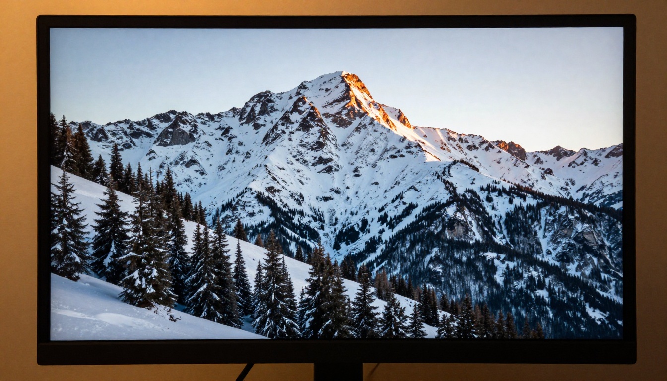 A 4K monitor in a photography studio displaying an ultra-sharp mountain landscape image