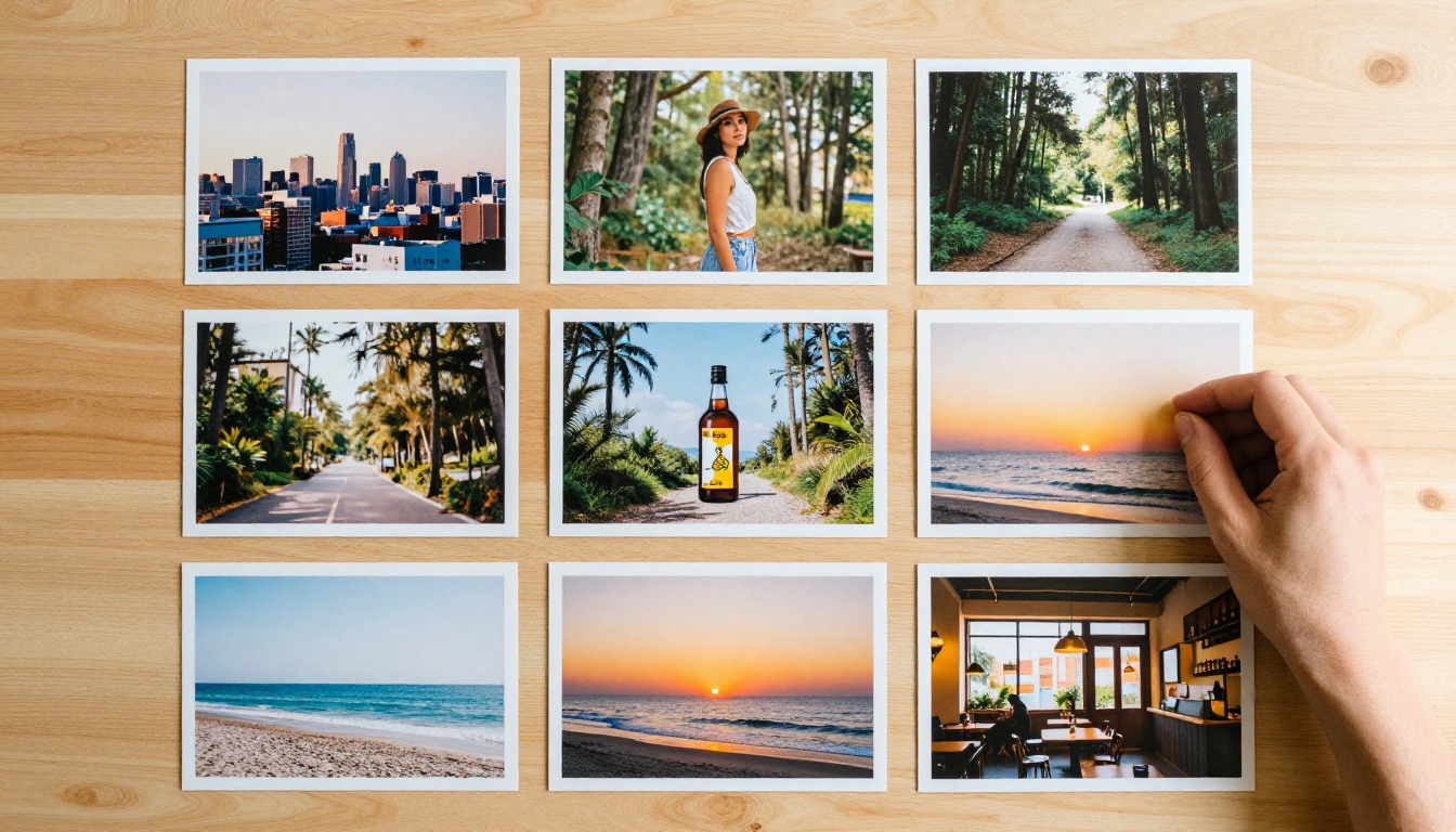 Six printed photographs arranged on a light table as reference material for an AI image session