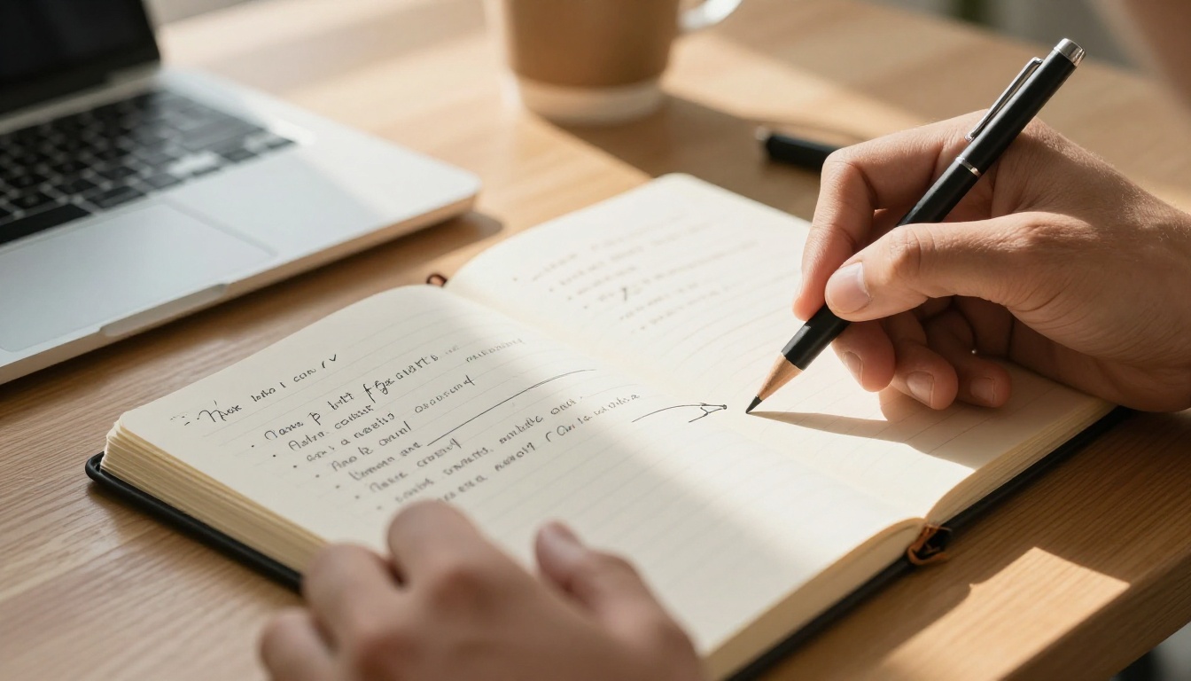 A creative professional writing prompt ideas in a kraft-paper notebook beside a laptop keyboard