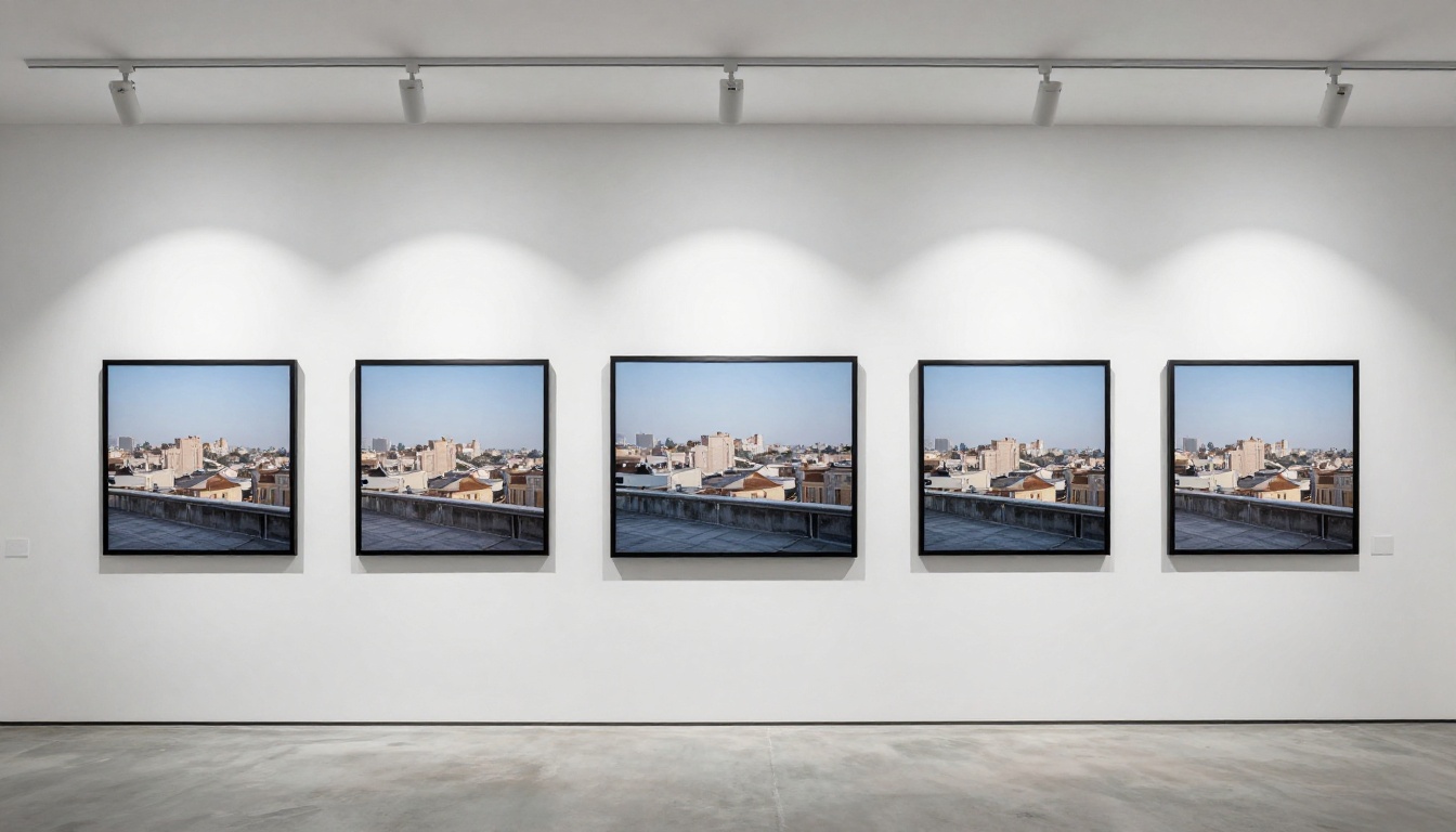 A gallery wall displaying five photographic prints in different aspect ratios in a minimalist interior