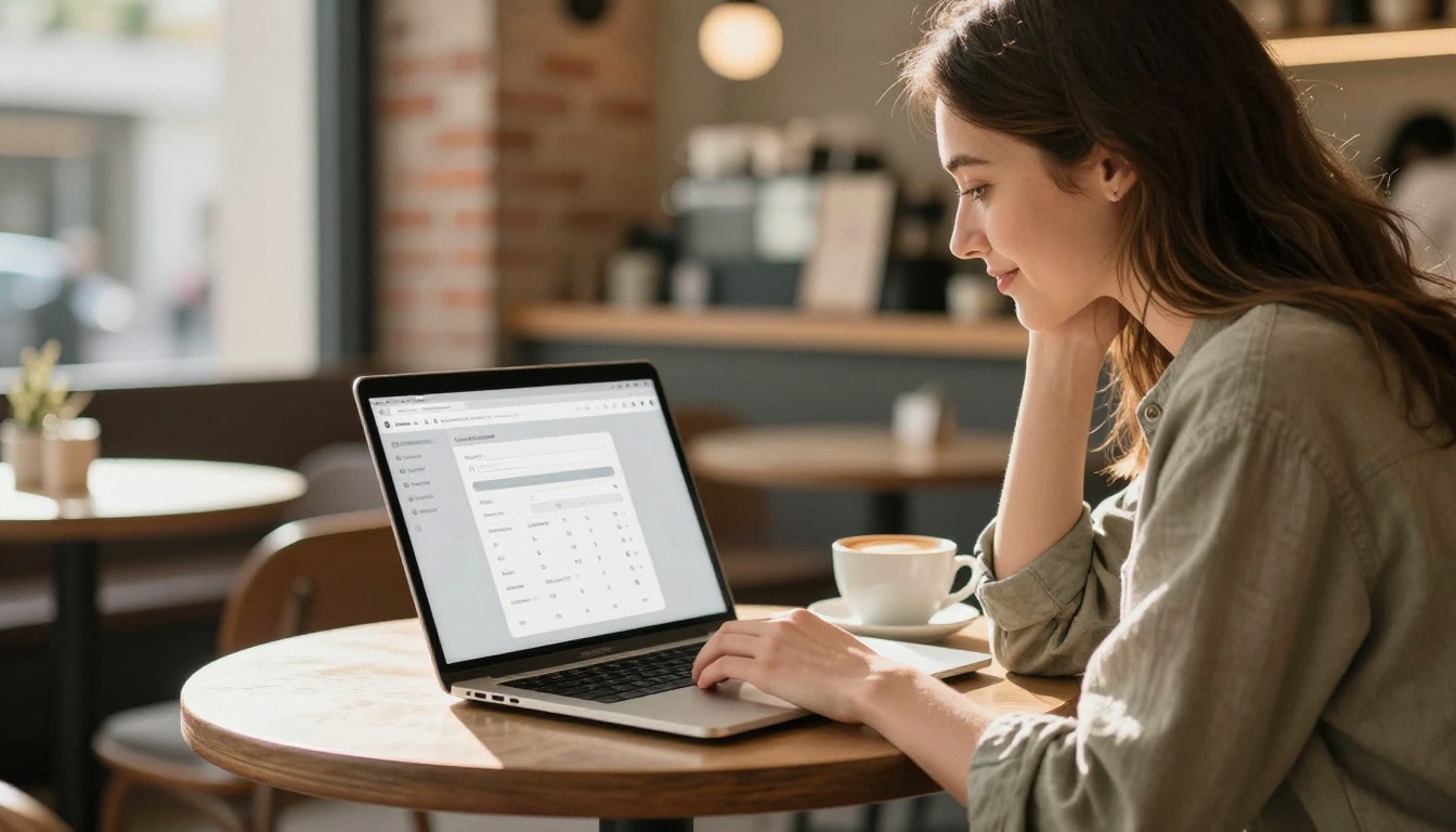 A young woman using a laptop at a café to access an AI image generation interface