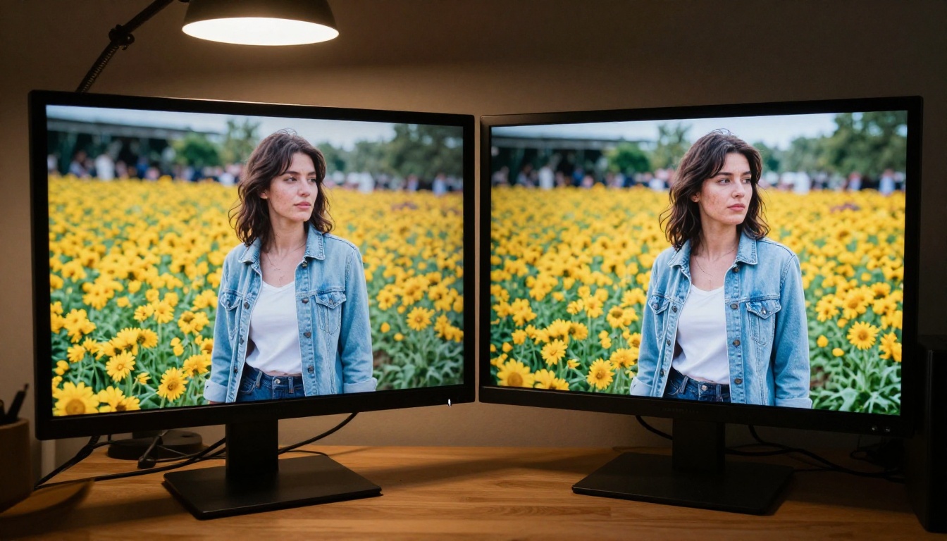 A studio monitor showing a before-and-after comparison of AI upscaling applied to a portrait photograph