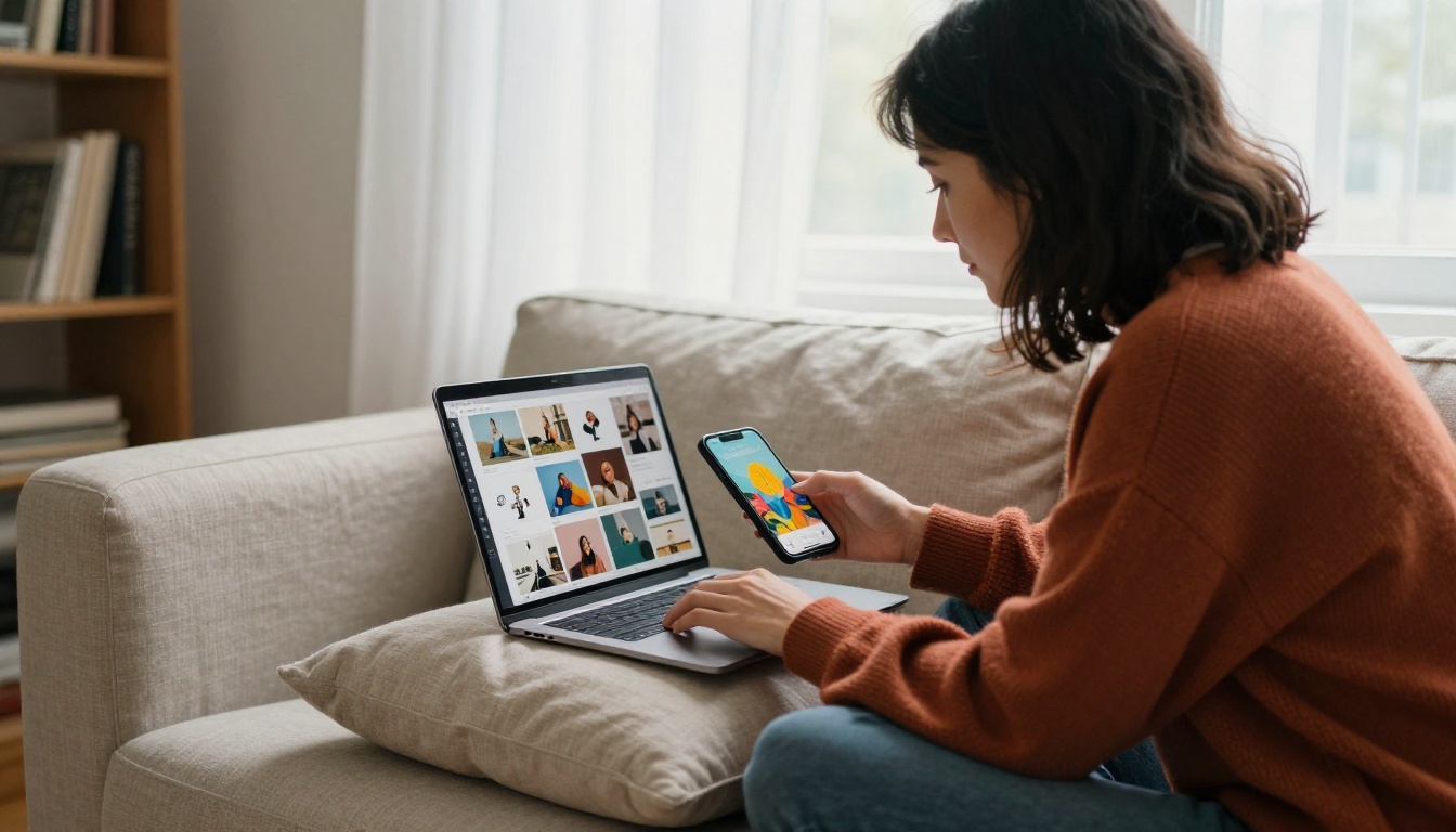 A content creator on a sofa reviewing AI-generated social media images on a smartphone and laptop