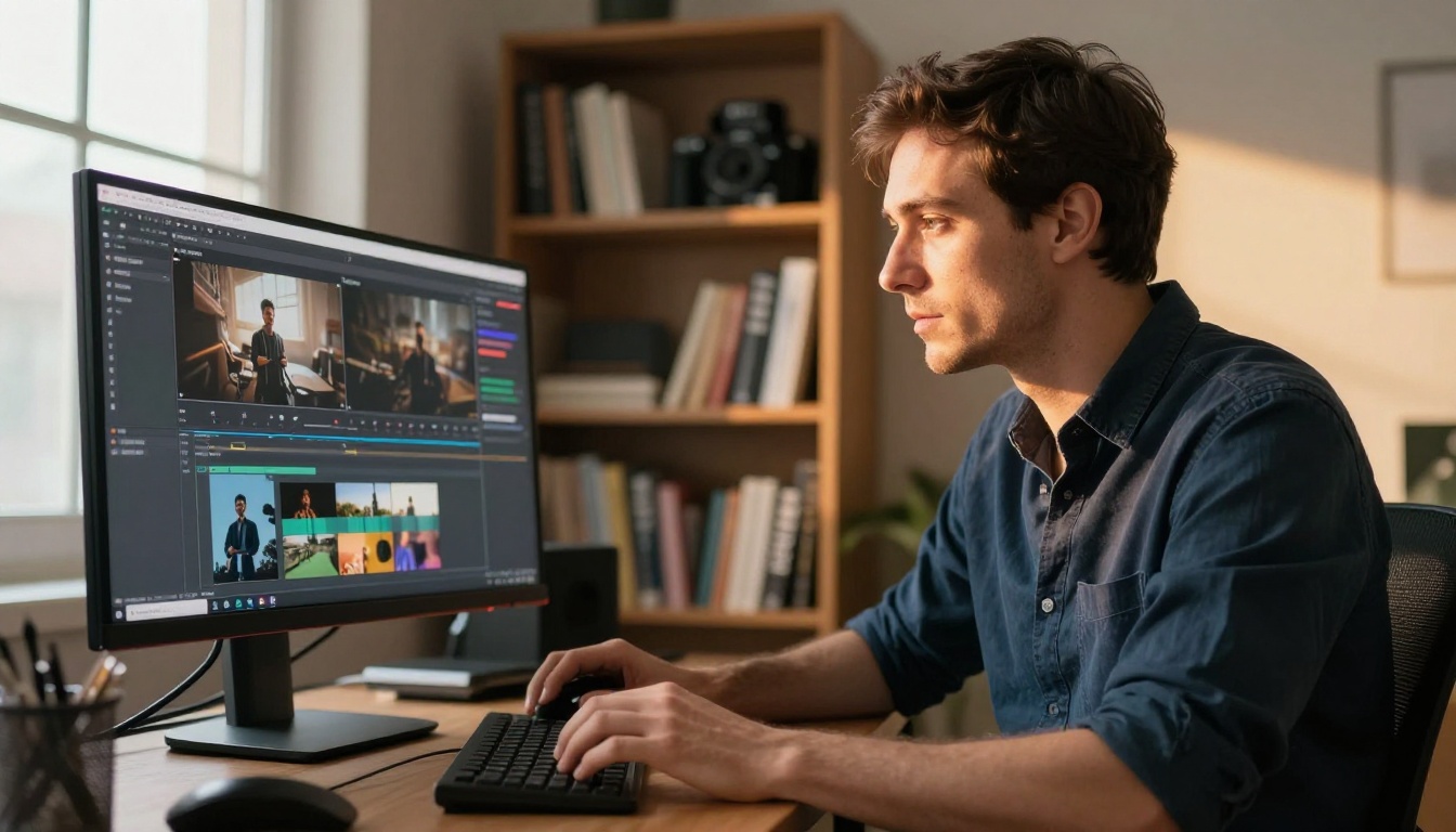 Content creator analyzing AI video output at a professional studio desk Content creator analyzing AI video output at a professional studio desk