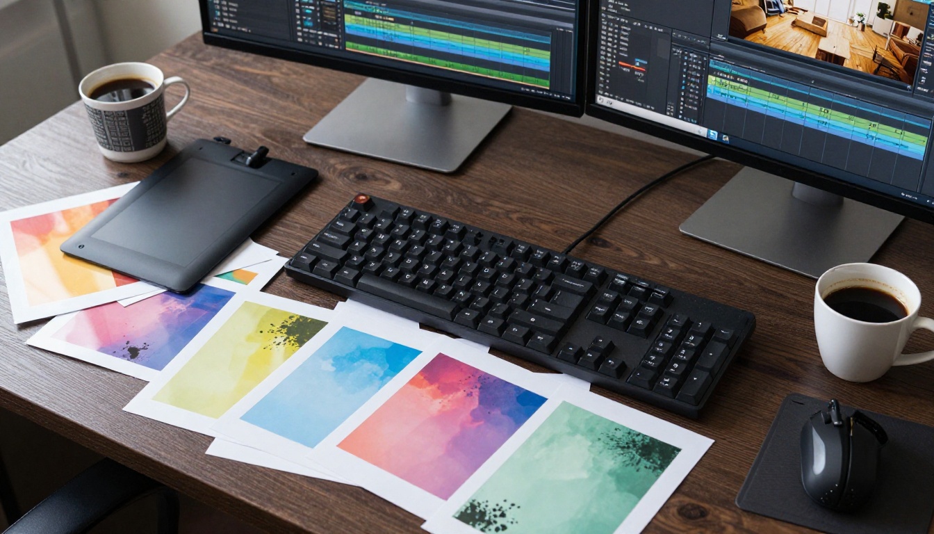 Overhead flat-lay of a professional video editing workstation with film frames Overhead flat-lay of a professional video editing workstation with film frames