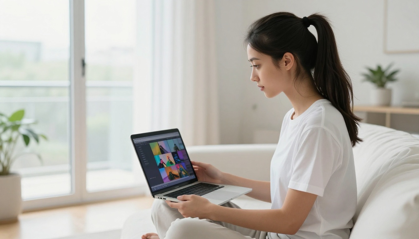 Young woman using a laptop to create AI videos from home Young woman using a laptop to create AI videos from home