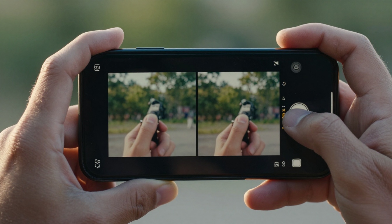 Filmmaker's hands holding a smartphone comparing AI video frames Filmmaker's hands holding a smartphone comparing AI video frames