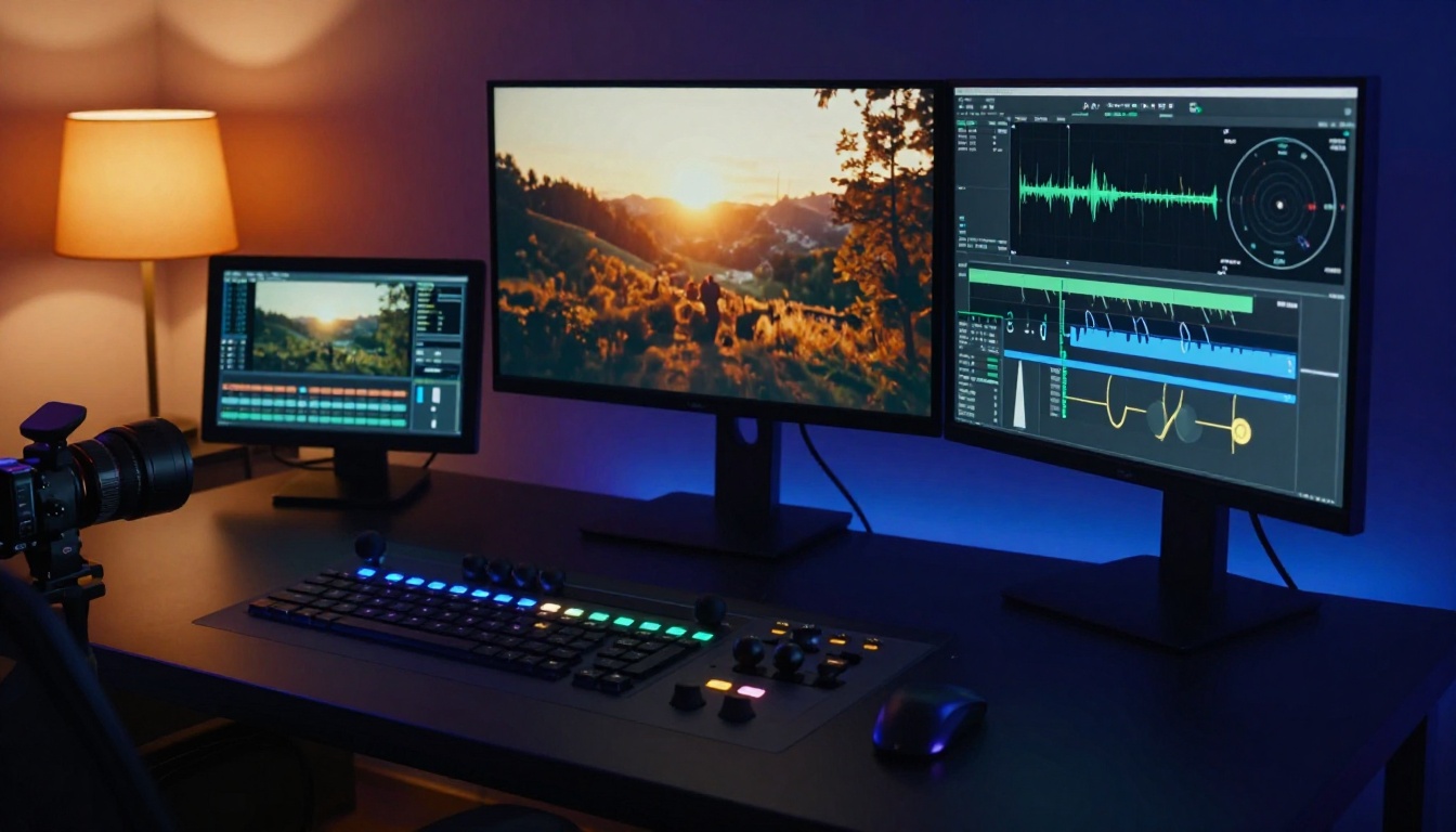 Professional post-production color grading suite with reference monitors Professional post-production color grading suite with reference monitors