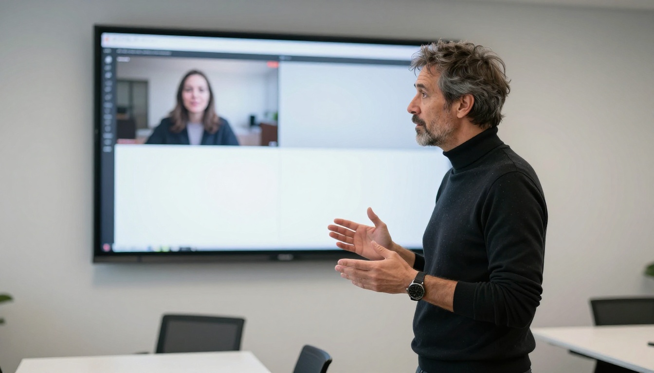 Creative director presenting an AI video comparison to a team Creative director presenting an AI video comparison to a team