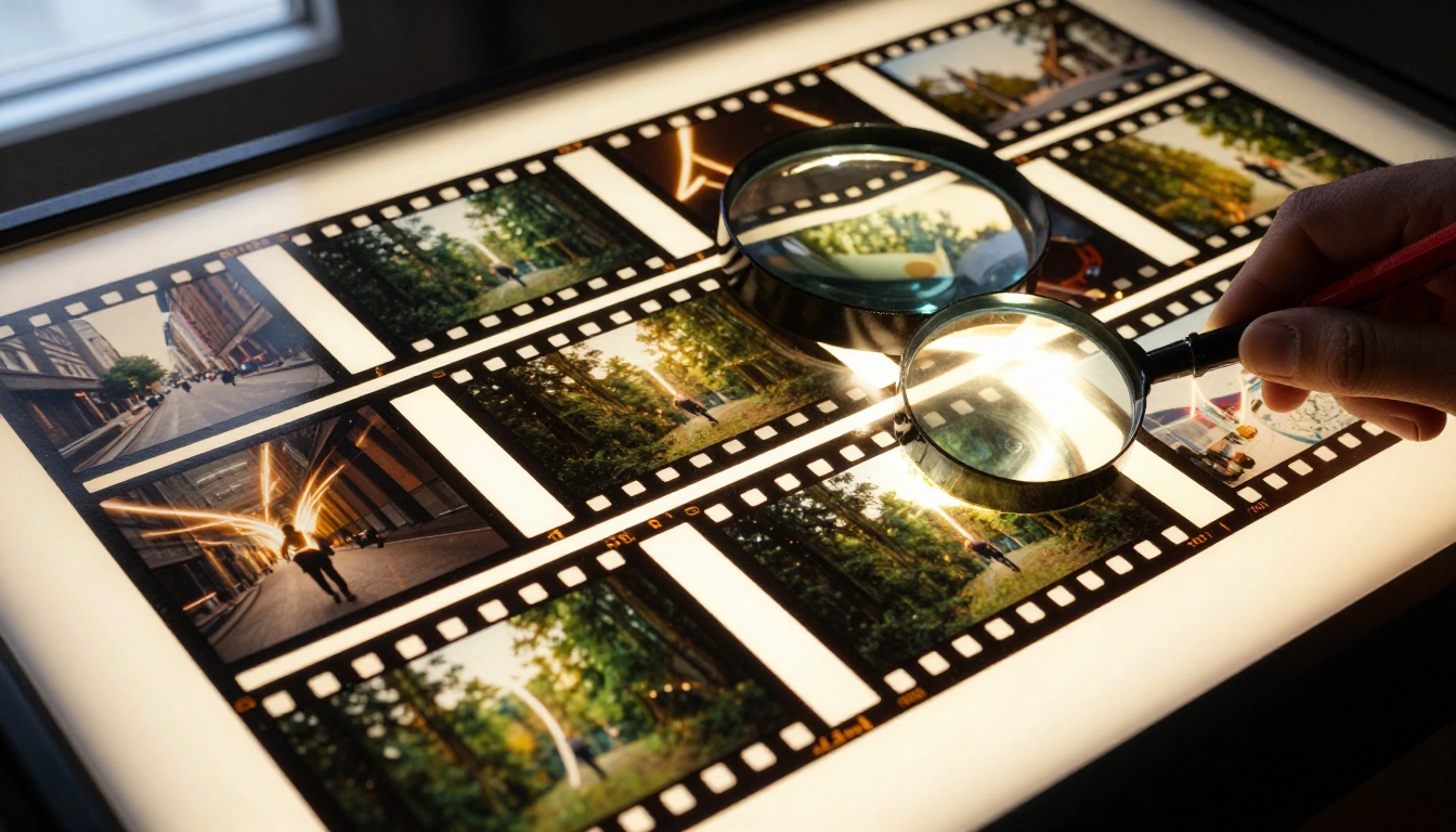Film strip contact sheet on a light table with magnifying loupe Film strip contact sheet on a light table with magnifying loupe