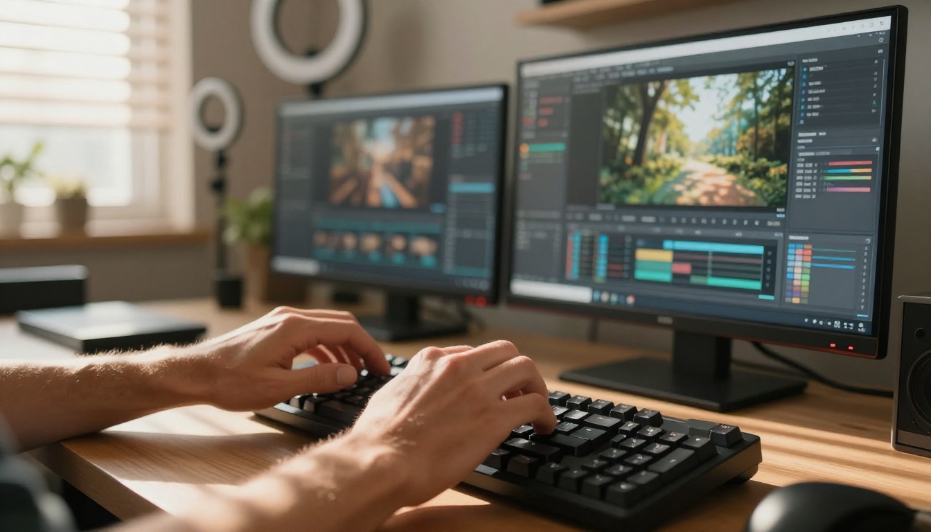 AI video creators comparing models at dual workstations AI video creators comparing models at dual workstations