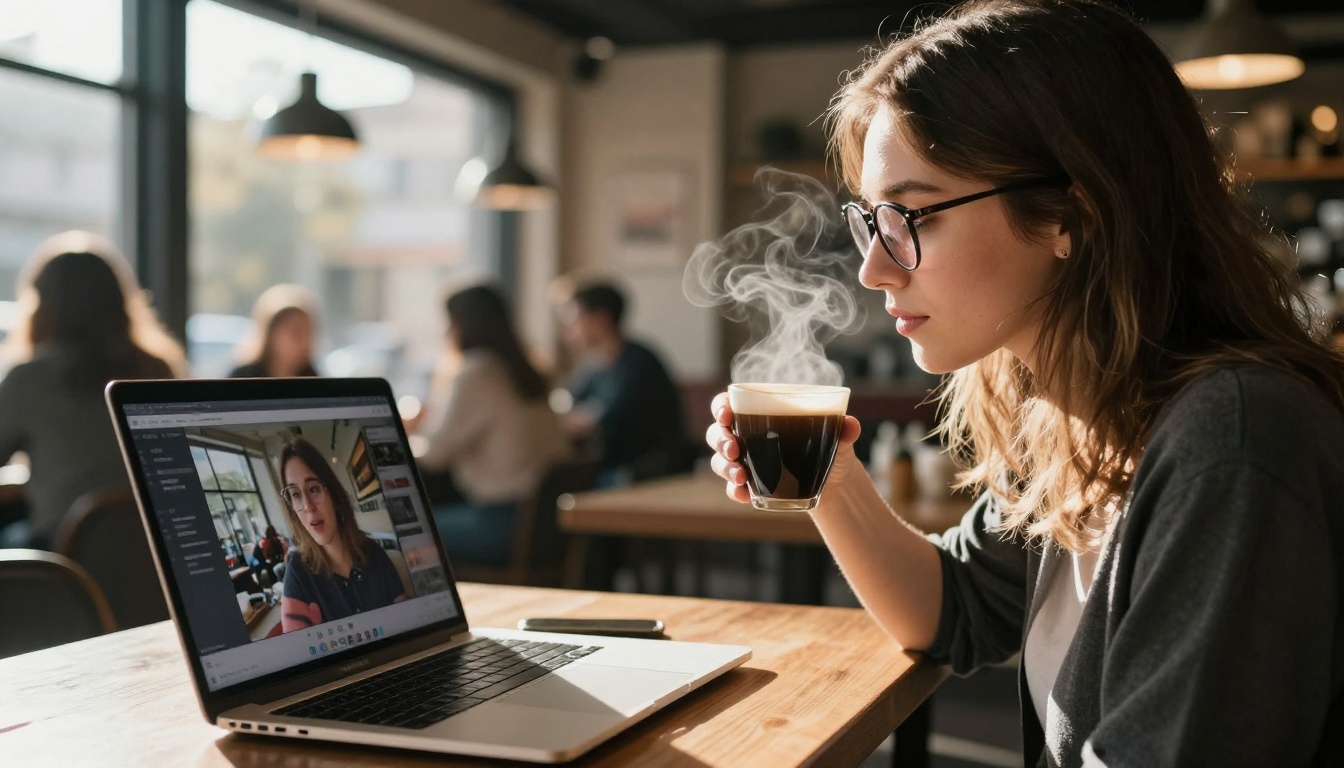 Creator watching video playback in a cafe Creator watching video playback in a cafe