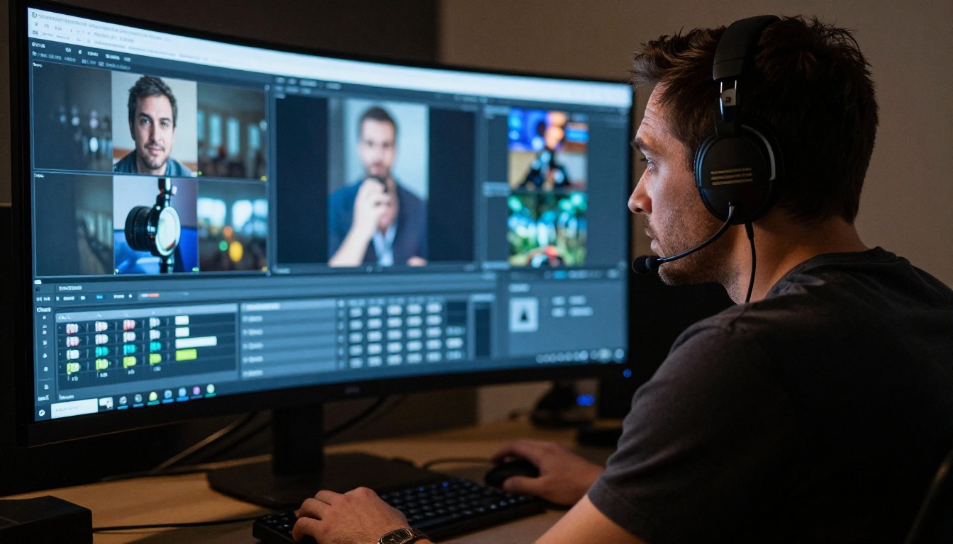 Video producer reviewing footage with headphones Video producer reviewing footage with headphones