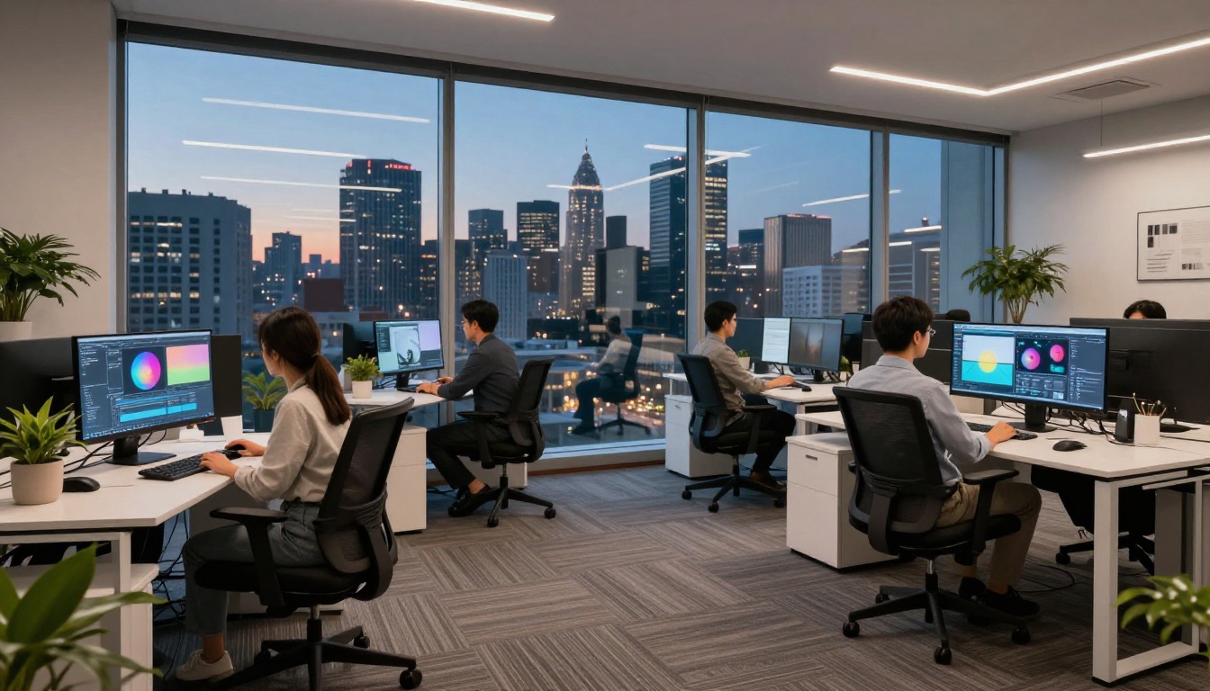Modern tech office with video creators at workstations Modern tech office with video creators at workstations