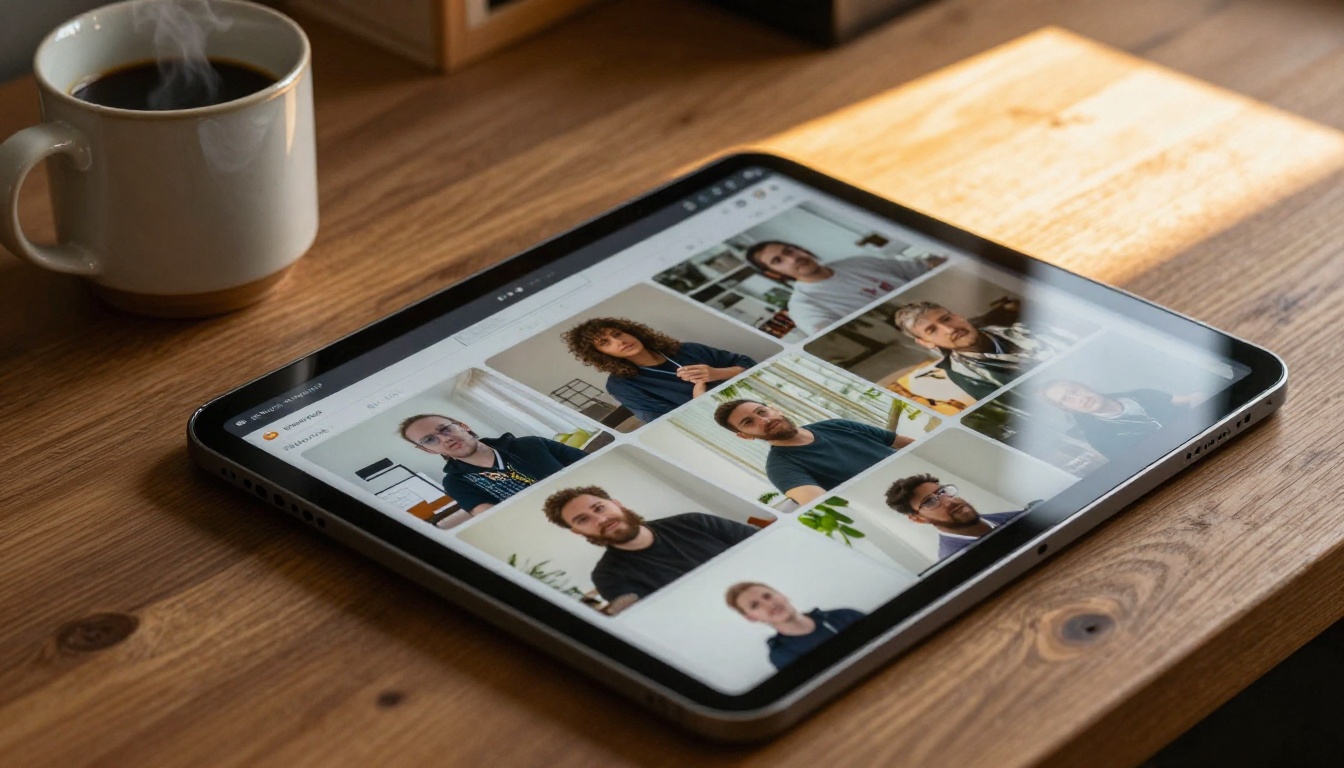 Tablet showing AI video generation platform with morning coffee Tablet showing AI video generation platform with morning coffee