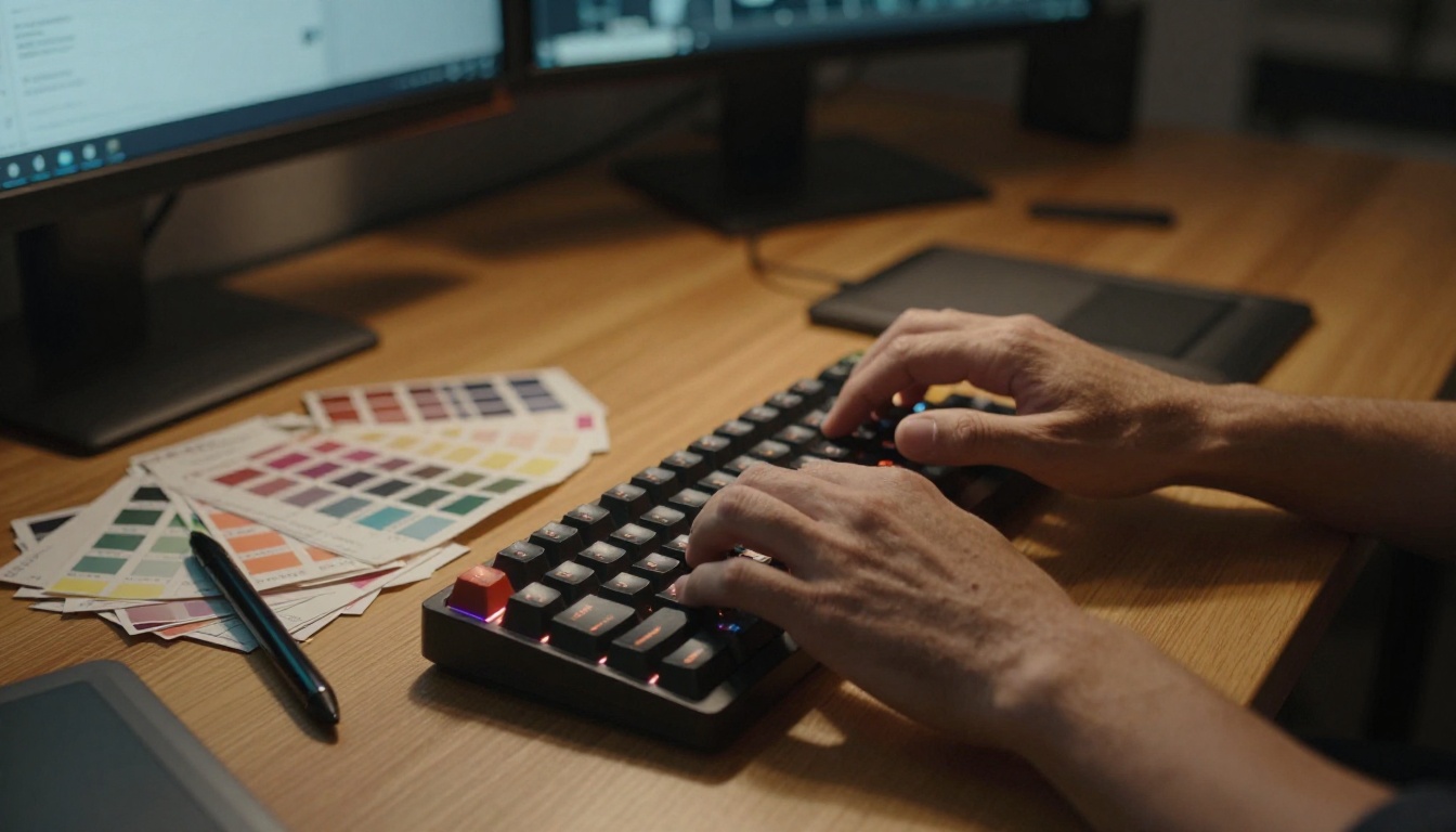 Close-up macro photography of professional designer's hands typing on illuminated mechanical keyboard, warm amber desk lamp from upper right, natural wood grain desk surface, Pantone color swatches, drawing tablet visible in mid-ground