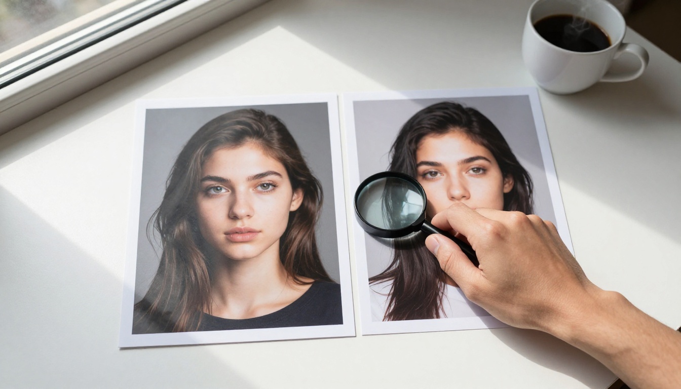 Two printed AI-generated images side by side on a white desk surface, a magnifying loupe on one image, morning window light casting soft shadows, overhead flat-lay photography