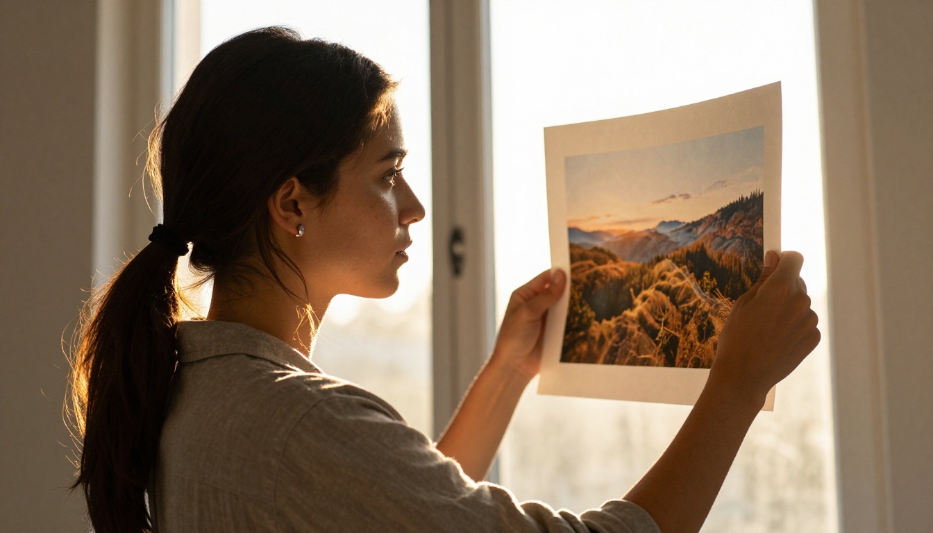 Low-angle photograph looking up at a young woman professional photographer examining a large format print against bright studio window light, golden rim lighting creating halo around dark hair, Canon EOS R5