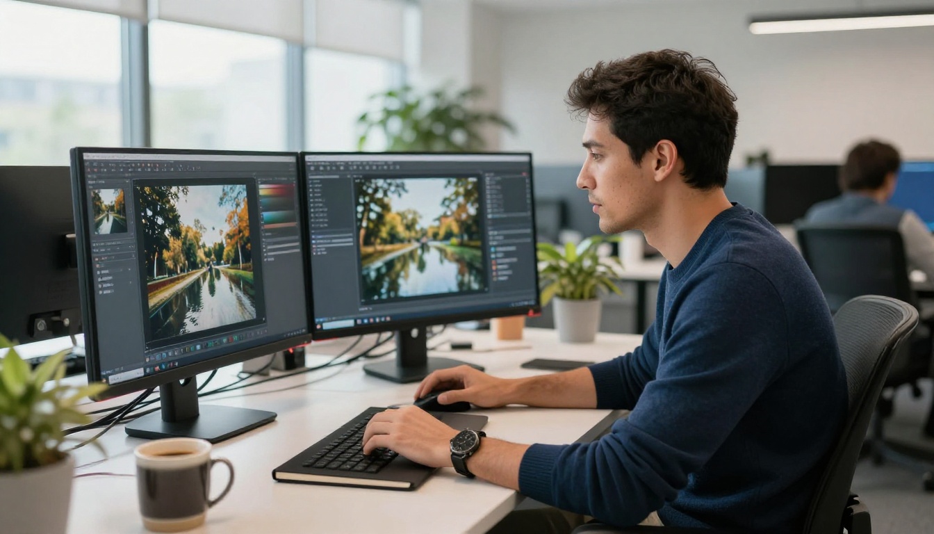 Male creative director in his mid-30s sitting at a curved desk in modern open-plan office, two ultra-wide monitors displaying split-screen AI image generation interfaces, natural daylight from floor-to-ceiling windows