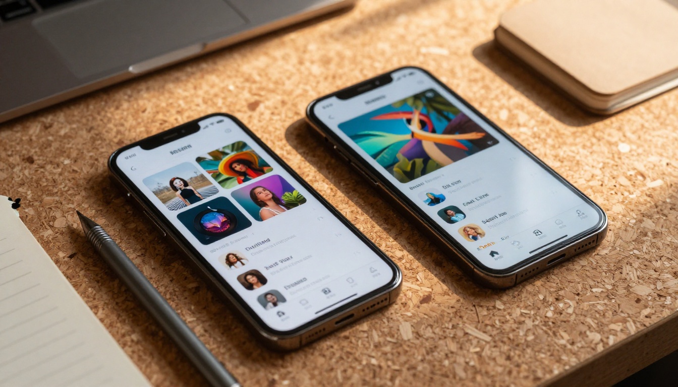 Close-up macro photography of two smartphones side by side on cork surface, each displaying a different AI image generation app interface, warm afternoon window light at 45 degrees