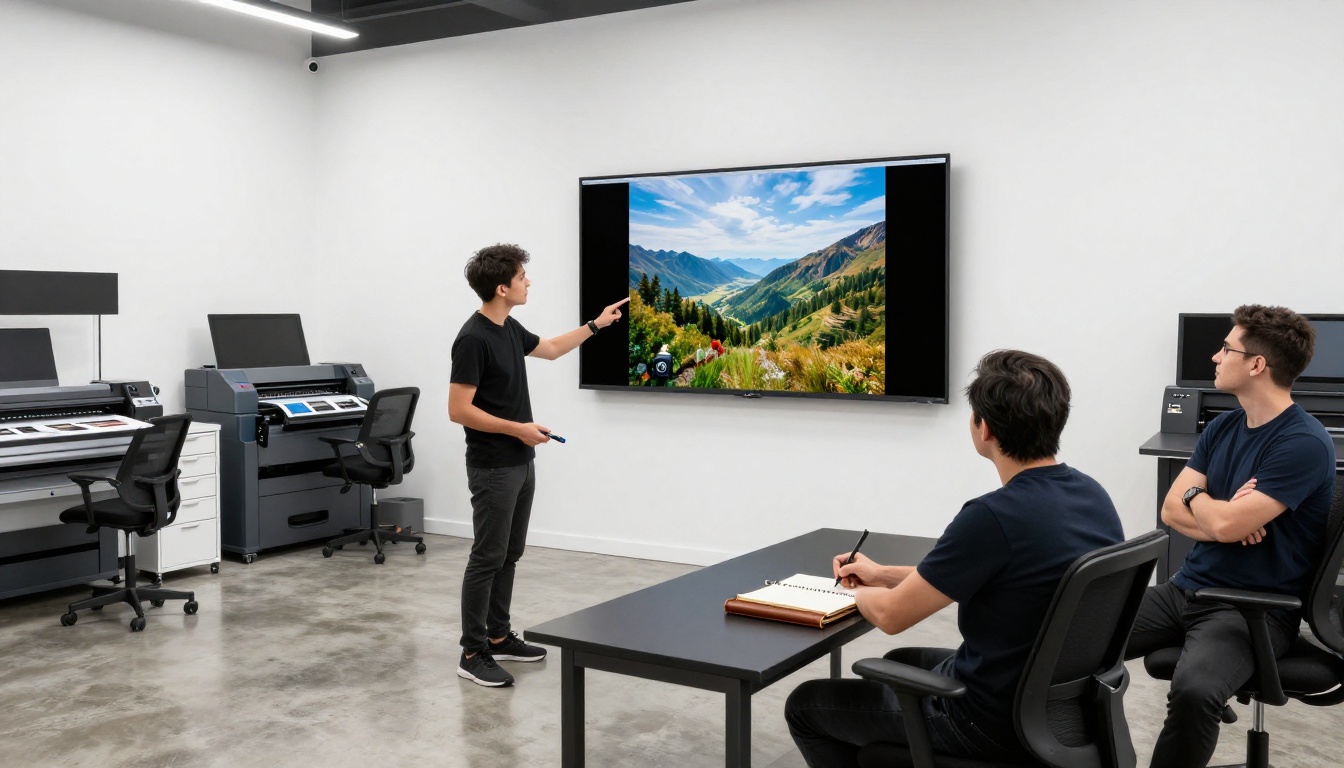 Wide shot of three creative professionals gathered around a large calibrated monitor in a modern post-production studio, pointing at a displayed landscape image, indirect LED lighting, concrete floors