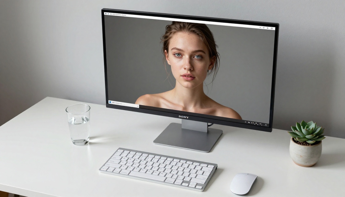 Overhead aerial flat-lay photograph of a minimalist desk with large monitor displaying an AI-generated portrait, wireless keyboard and mouse, glass of water with condensation, small succulent in ceramic pot