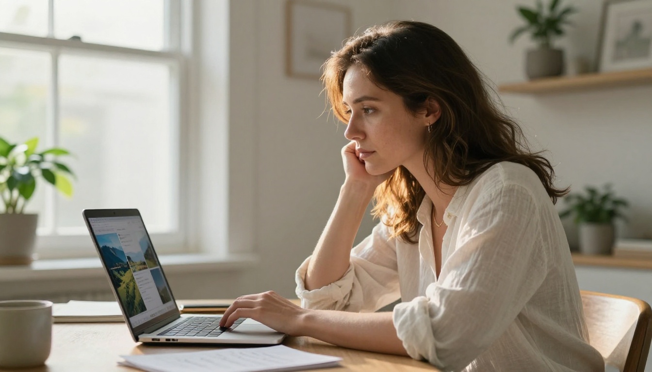 Woman in early 30s in bright Scandinavian home office, looking thoughtfully at laptop screen showing AI-generated landscape images, chin resting on one hand, morning light from window, Leica Q3 28mm f/1.7