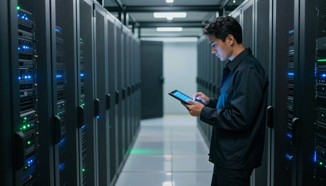 Dynamic three-quarter angle shot of a sleek server room corridor with rows of modern server racks, male IT engineer in dark jacket walking between racks with tablet, LED status lights casting ambient blue and green glow