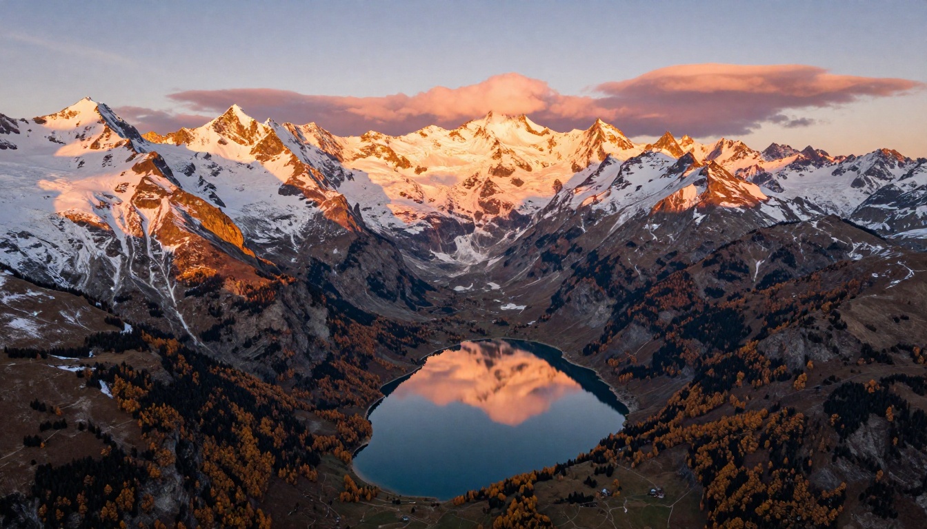 Sweeping aerial Alpine landscape at golden hour, ultra-detailed snow-capped mountains and glacial valley, 8K