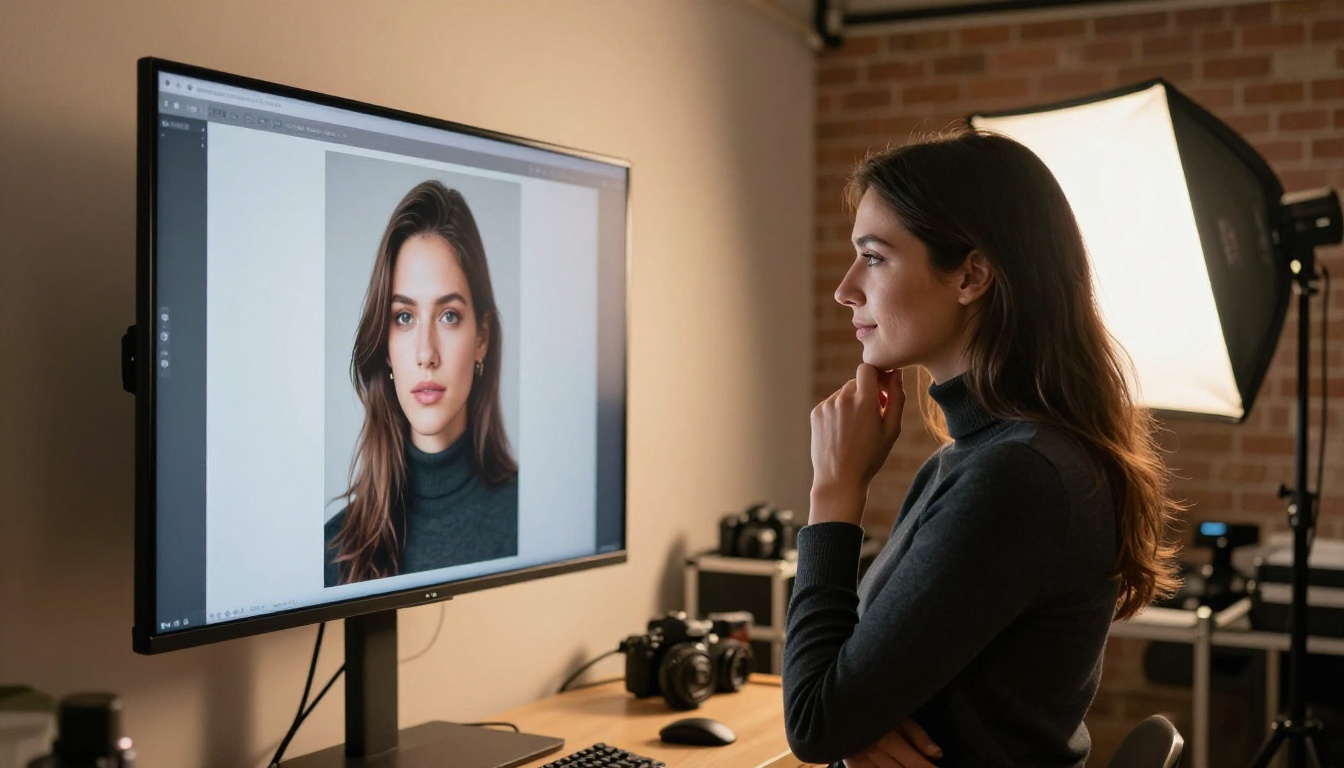 A professional photographer reviewing AI-generated artwork on large studio monitors, warm volumetric light, photorealistic