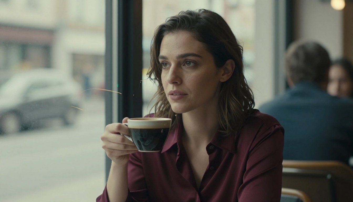 Cinematic cafe portrait with diffused overcast window light, woman in burgundy silk, photorealistic 8K