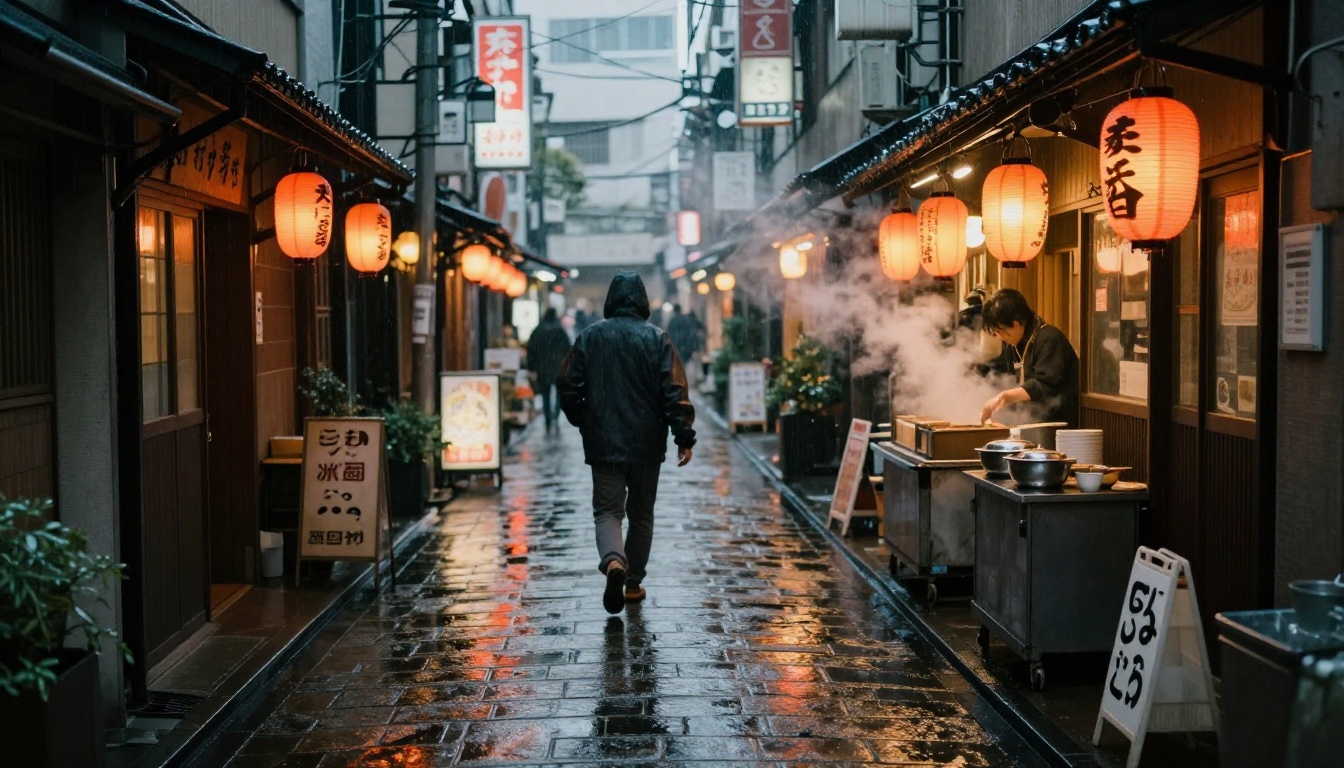 Tokyo narrow alley at dusk with lantern light reflecting in wet cobblestones, atmospheric street photography, 8K
