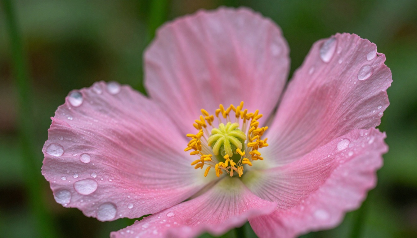 Macro photography of dewy pink poppy with ultra-sharp petal veins, pollen grains, and backlit morning light