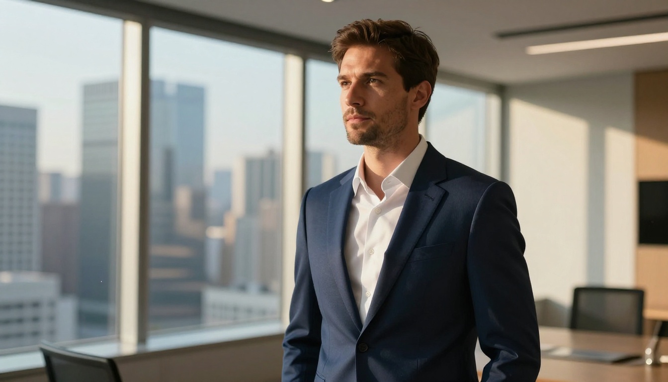 Male professional portrait with warm afternoon directional light, navy suit, realistic skin texture, 85mm lens