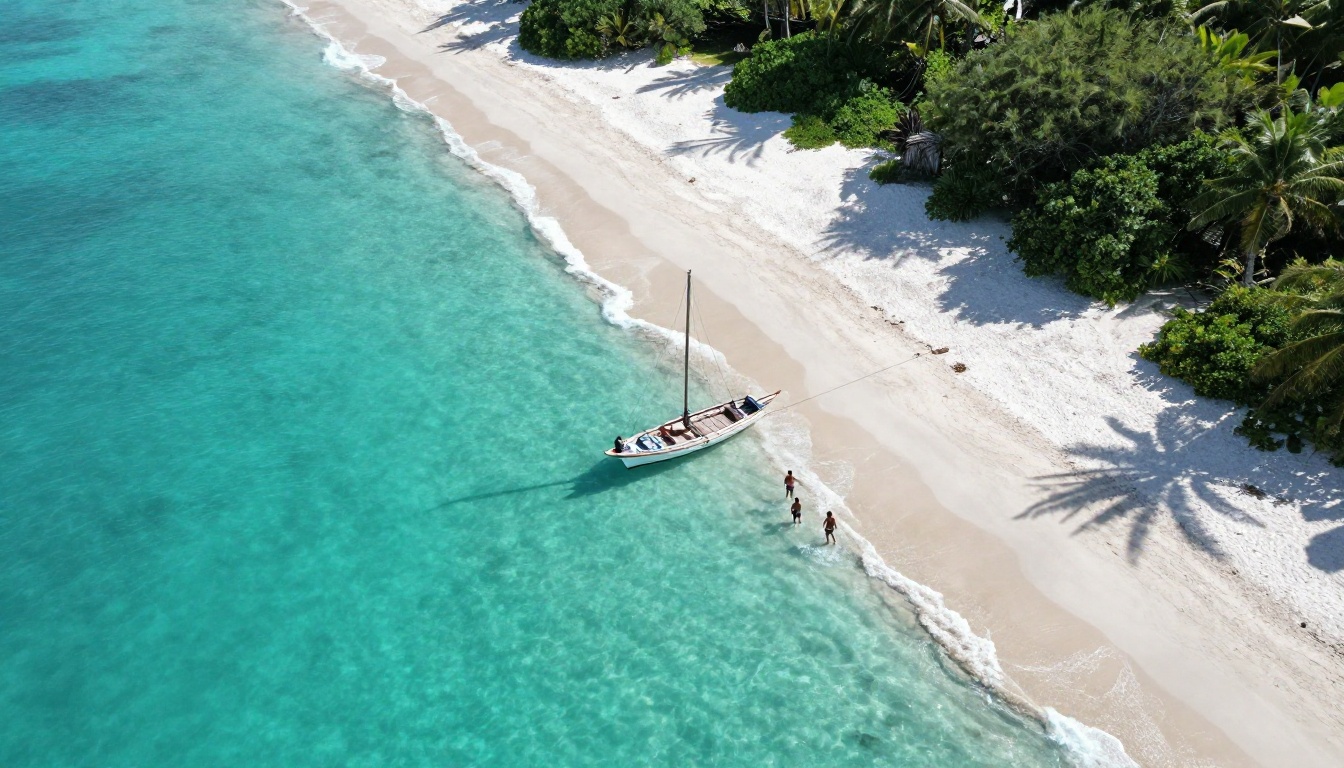 Overhead aerial view of turquoise tropical lagoon with sailboat and white sand beach, photorealistic drone photography 8K