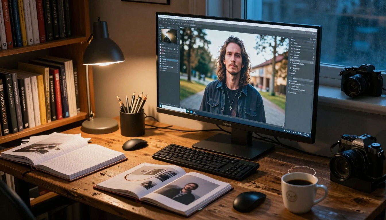 Creative artist workspace with warm desk lamp, Wacom tablet, sketchbooks, and monitor displaying AI-generated portrait