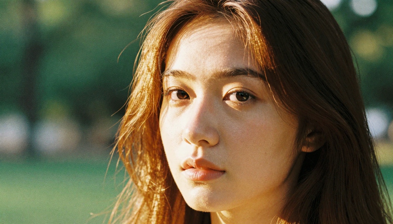Close-up portrait of a woman with auburn hair in golden hour sunlight, pore-level skin texture visible, natural bokeh background, 85mm photography