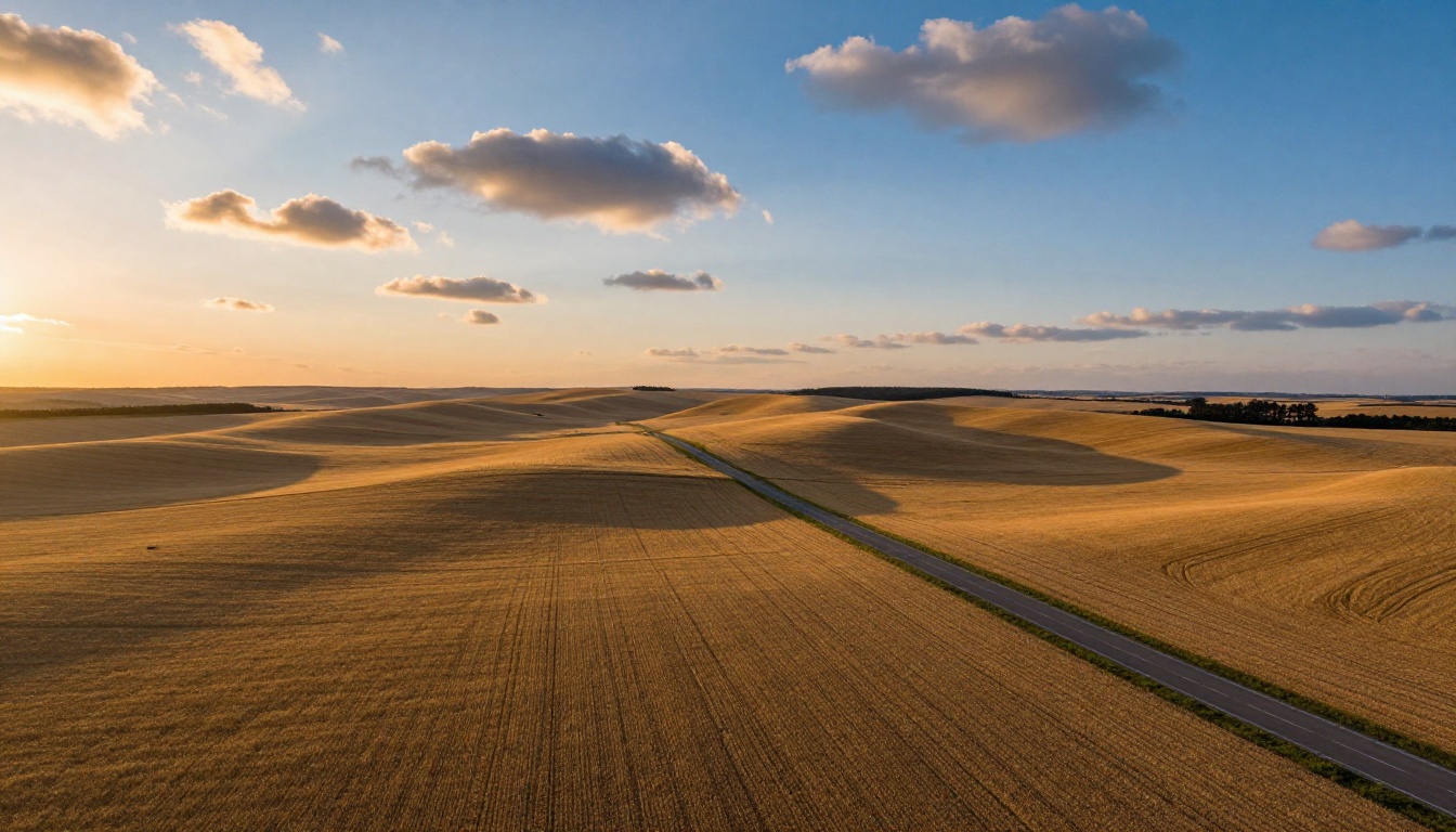 Aerial photography of golden wheat fields at sunrise, dramatic sky with backlit cumulus clouds, lone road cutting diagonally through frame, Hasselblad medium format aesthetic