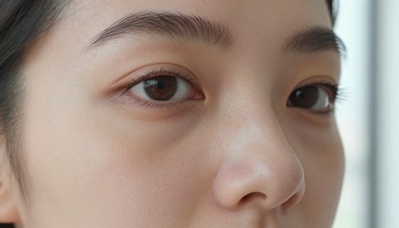 Extreme close-up beauty portrait showing natural skin texture, fine hair detail catching side window light, iris detail, 100mm macro photography