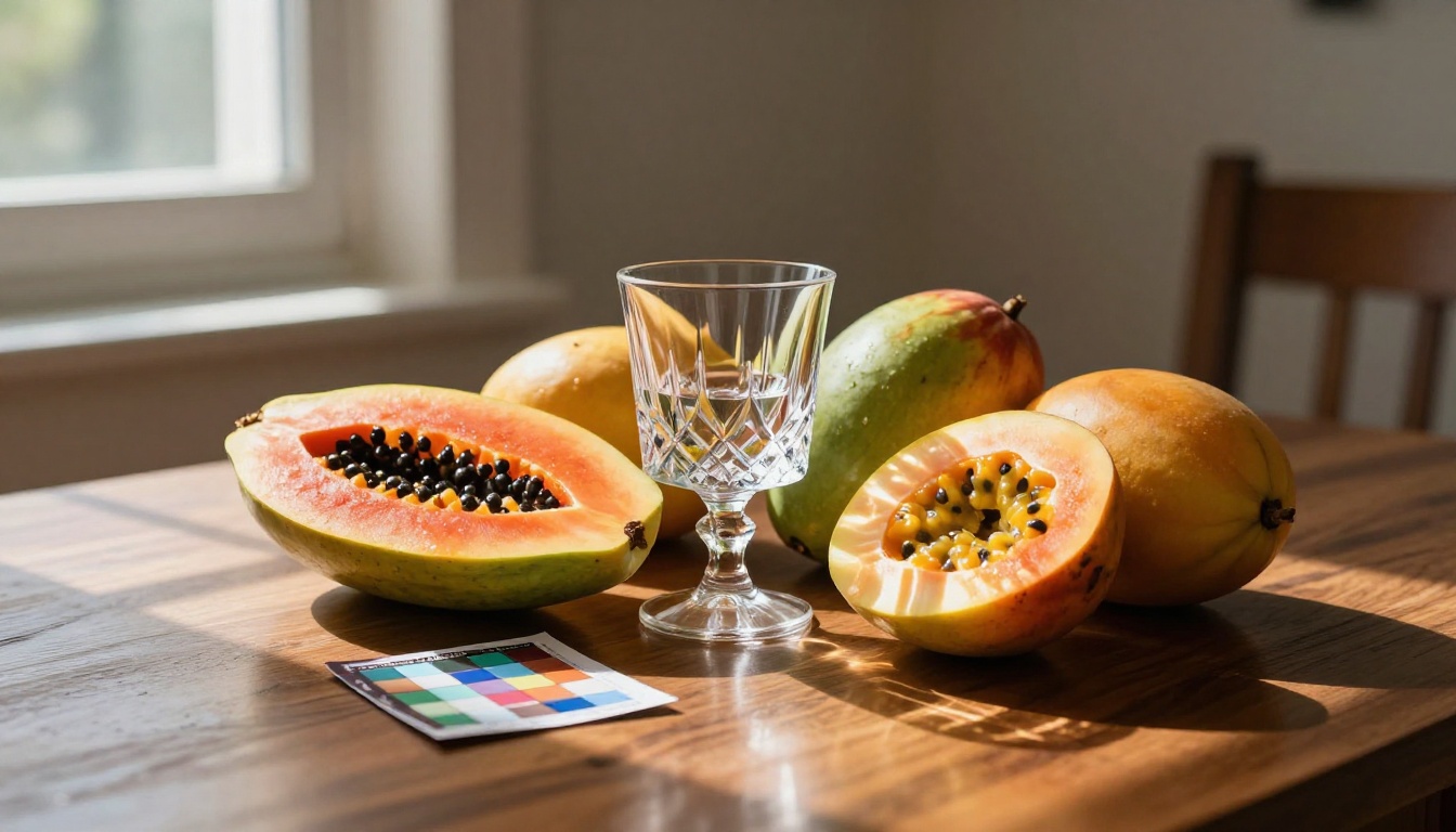 Photorealistic still life of tropical fruits and crystal glass on polished walnut table, dramatic directional sunlight creating rich shadows, natural color rendering with Macbeth checker reference