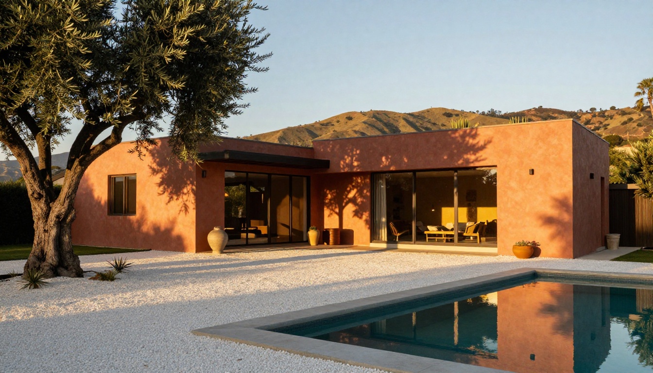 Mid-century modern house exterior at golden hour, terracotta facade with infinity pool reflecting amber sky, 24mm architectural photography, deep focus throughout Mid-century modern house exterior at golden hour, terracotta facade with infinity pool reflecting amber sky, 24mm architectural photography, deep focus throughout