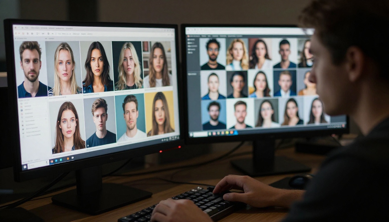 AI photo generation workstation with dual monitors comparing photorealistic portrait outputs side by side in a professional studio